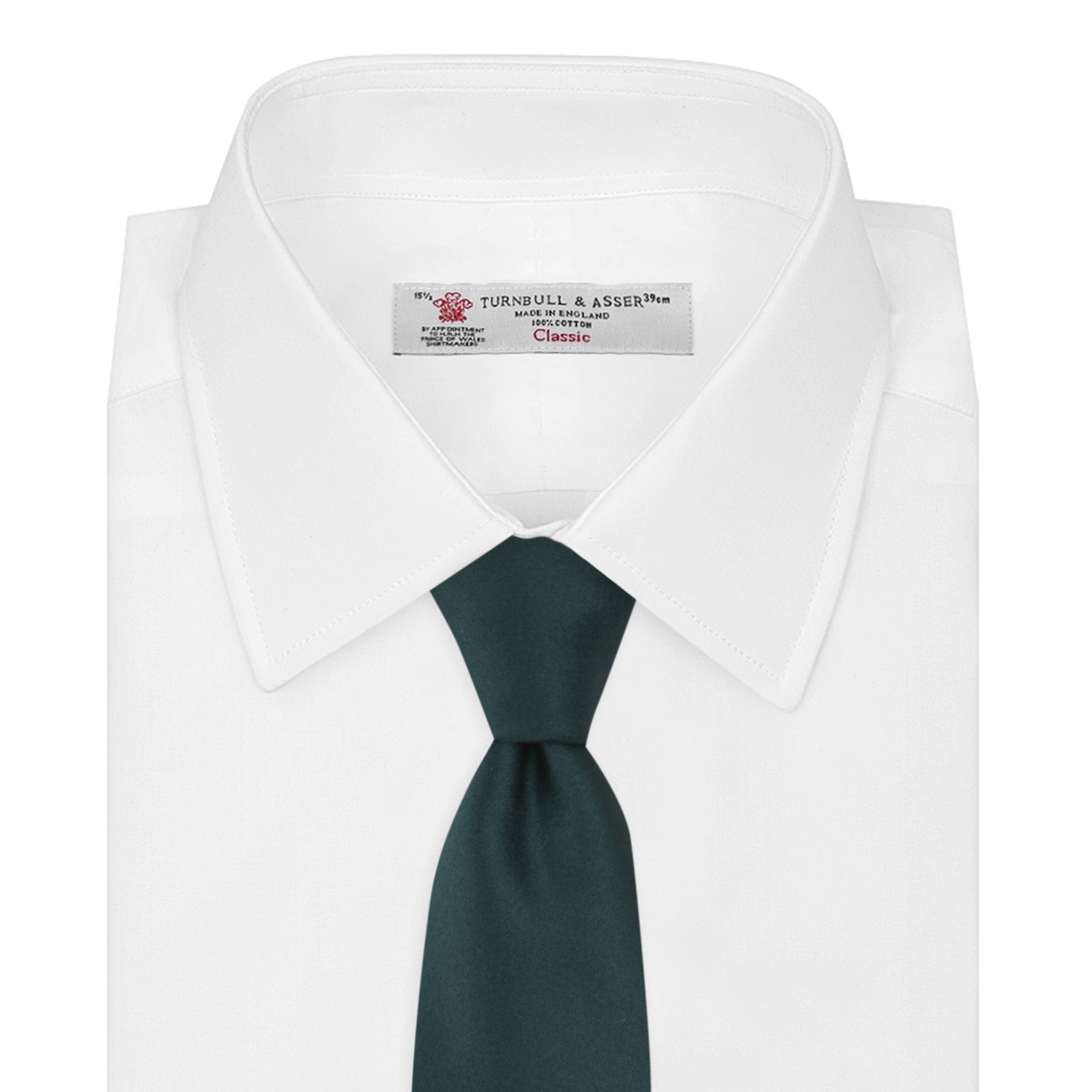 Image 2 of product The Turnbull & Asser Forest Green Plain Satin Silk Tie, neatly rolled with a pointed end, is displayed on a plain white background.