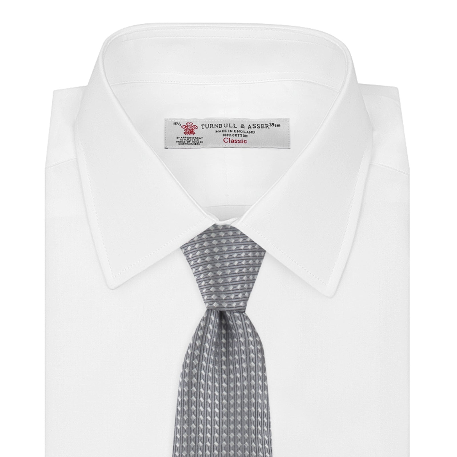Image 2 of product The Turnbull & Asser Grey and White Diamond Silk Tie, featuring a subtle textured pattern, is perfect for pairing with an office shirt and is displayed against a white background.