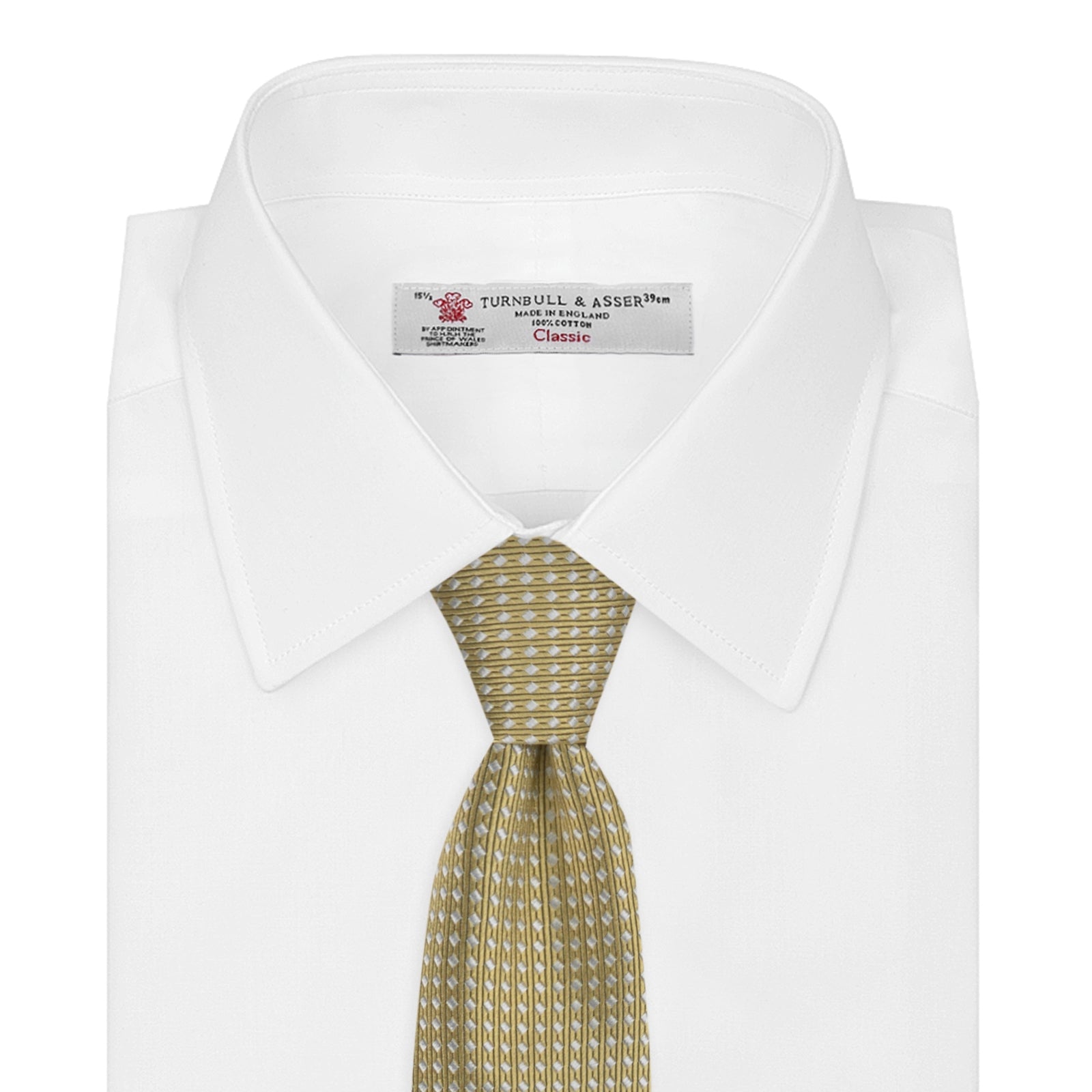Image 2 of product The Gold and White Diamond Silk Tie by Turnbull & Asser features a classic textured diagonal diamond pattern—ideal for elevating your favorite office shirt.