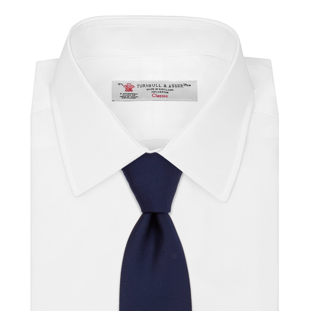 Image 2 of product The Turnbull & Asser Navy Horizontal Twill Silk Tie features a subtle textured pattern and is elegantly displayed on a plain white background—ideal for pairing with cotton shirts for a smart, refined look.
