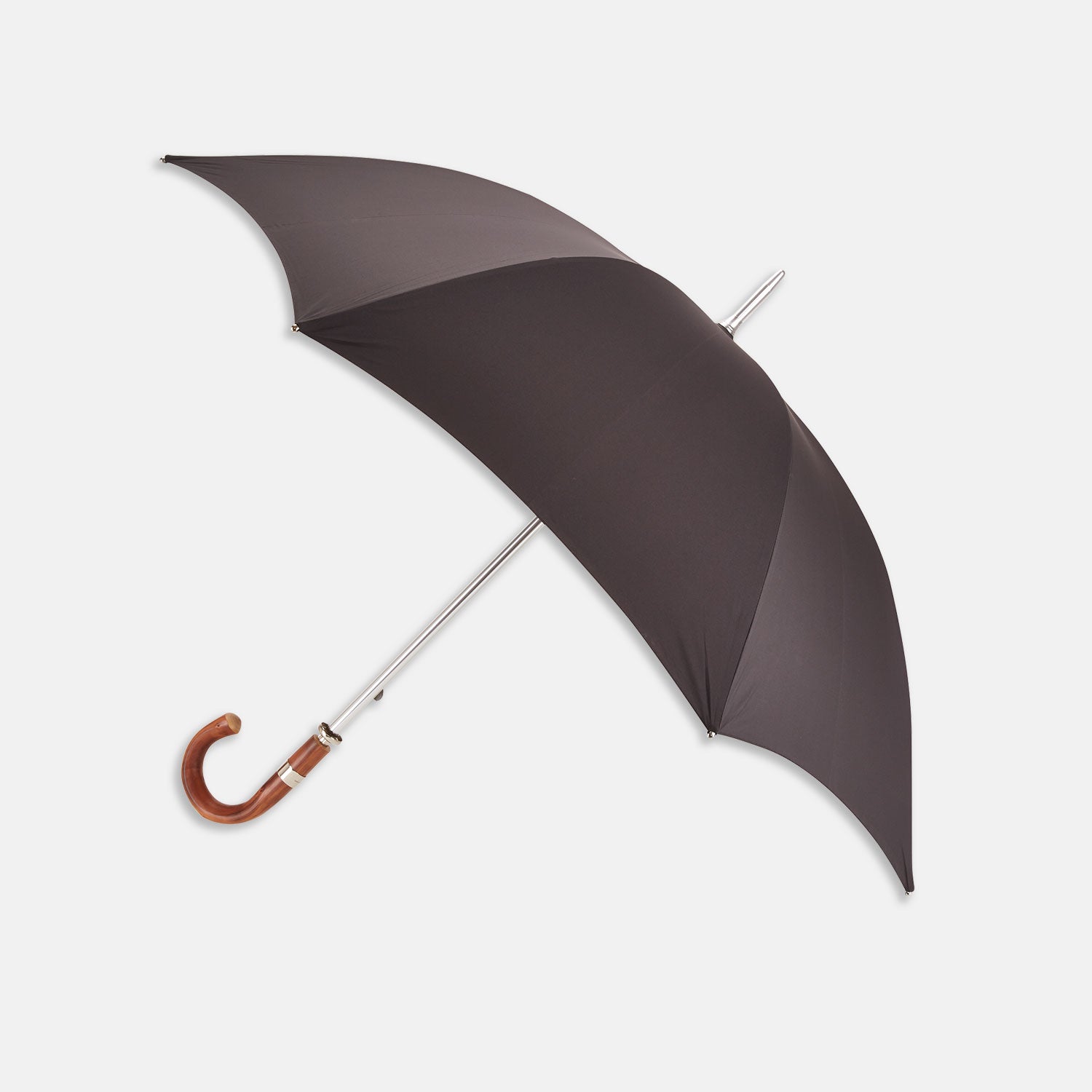 Image 1 of product A practical accessory for unpredictable English weather, this Turnbull & Asser dark grey umbrella with a chestnut crook handle is shown elegantly against a plain white background.