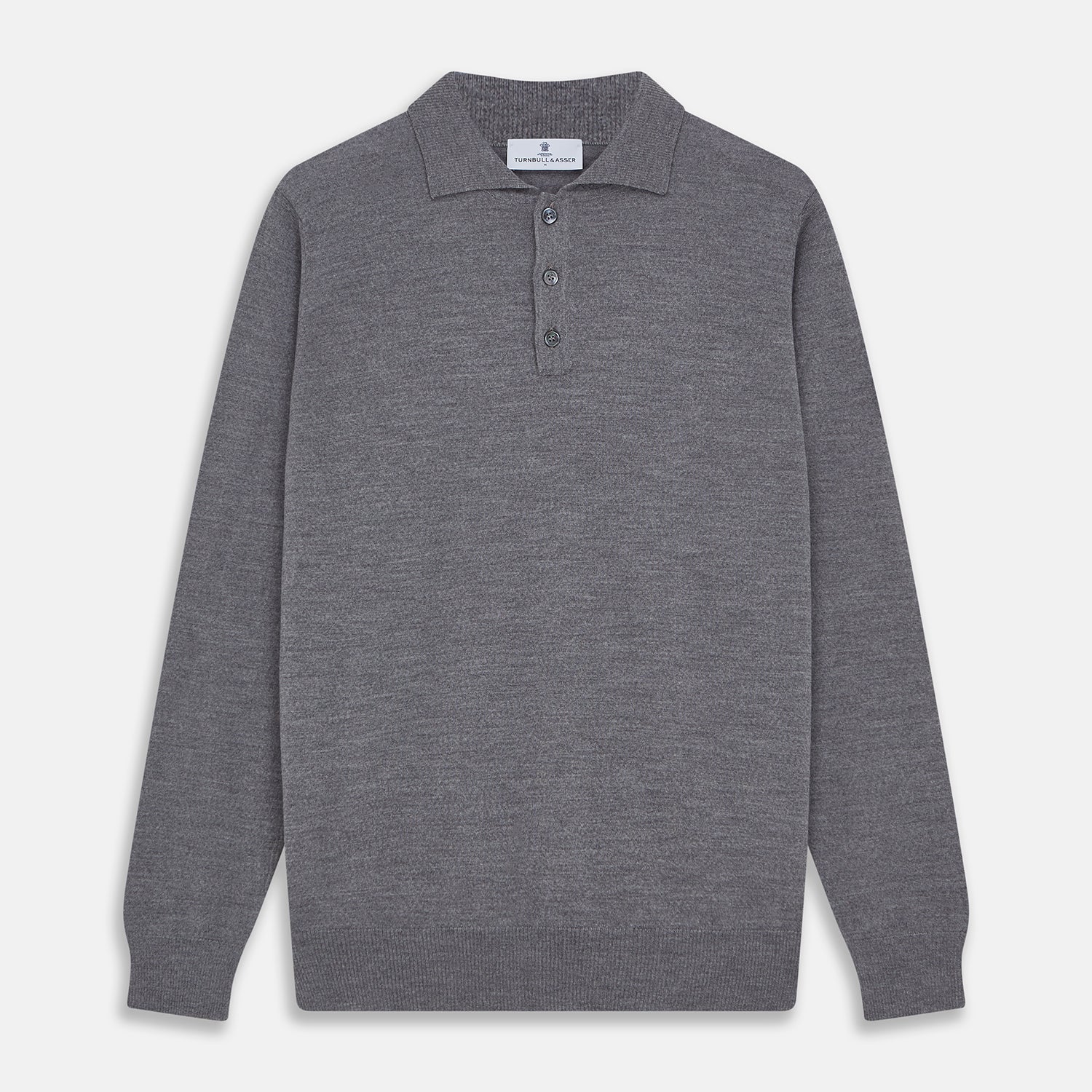 Image 1 of product The Grey Merino Wool Cecil Rugby Polo Shirt by Turnbull & Asser features long sleeves, a collar, three-button placket, and ribbed hem and cuffs—an elevated menswear staple shown flat on a white background.