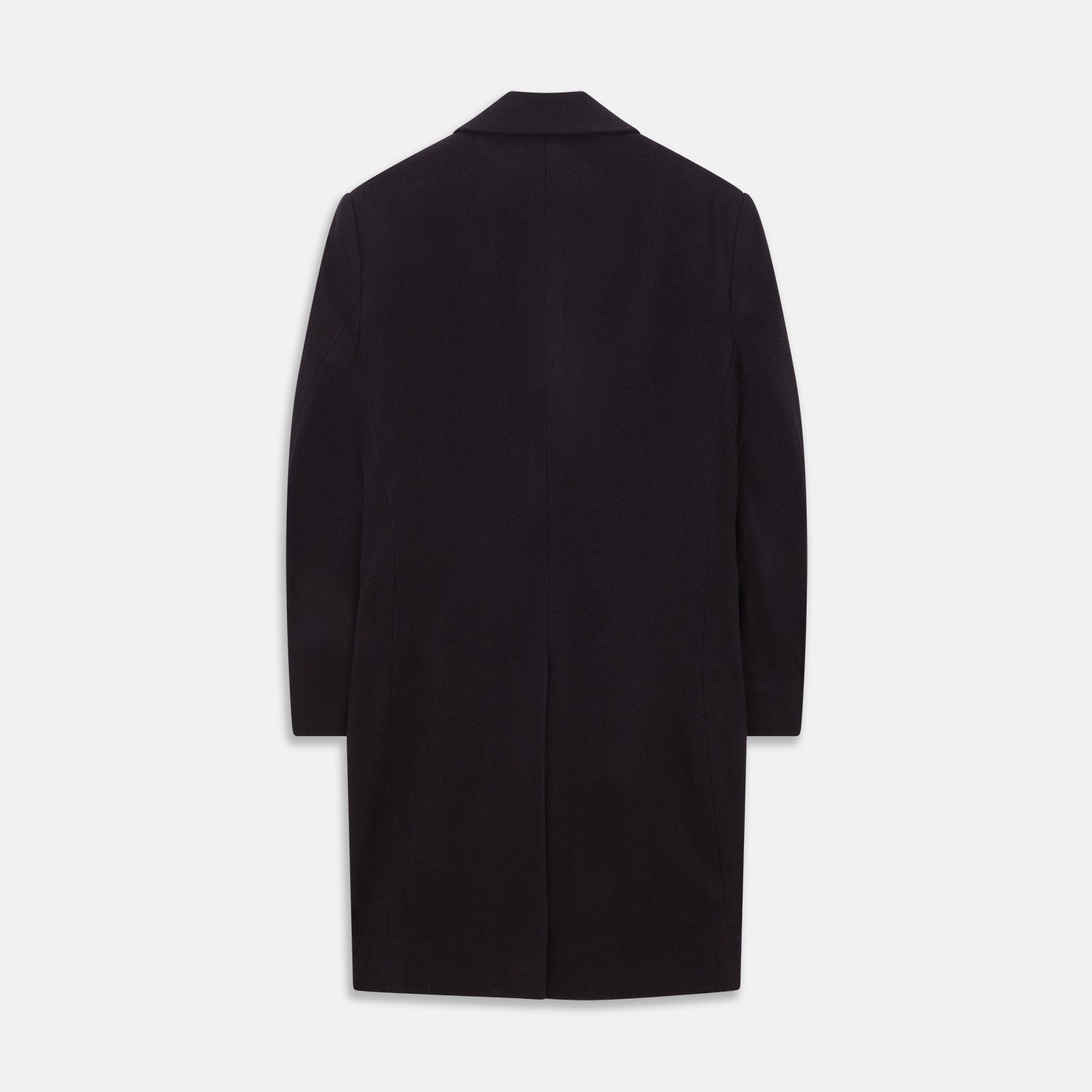 Image 2 of product The Turnbull & Asser Navy Cashmere Joseph Overcoat features notched lapels, three front pockets, buttoned cuffs, and a hidden button closure—an essential men’s outerwear piece shown against a plain white background.
