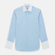 Turnbull & Asser Light Blue End-on-End Shirt features a contrast T&A white collar, double cuffs, long sleeves, and button-down front. Displayed on a plain white background.