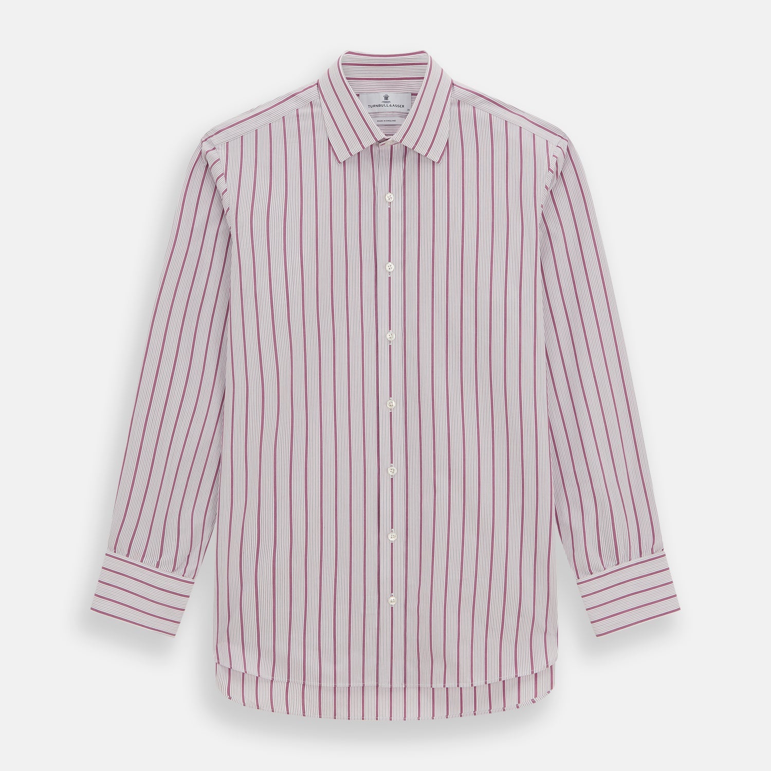 Image 1 of product A long-sleeved, collared Turnbull & Asser Purple Multi Track Stripe Mayfair Shirt with buttons, showcasing vertical purple multi-colored stripes, neatly displayed against a plain background.