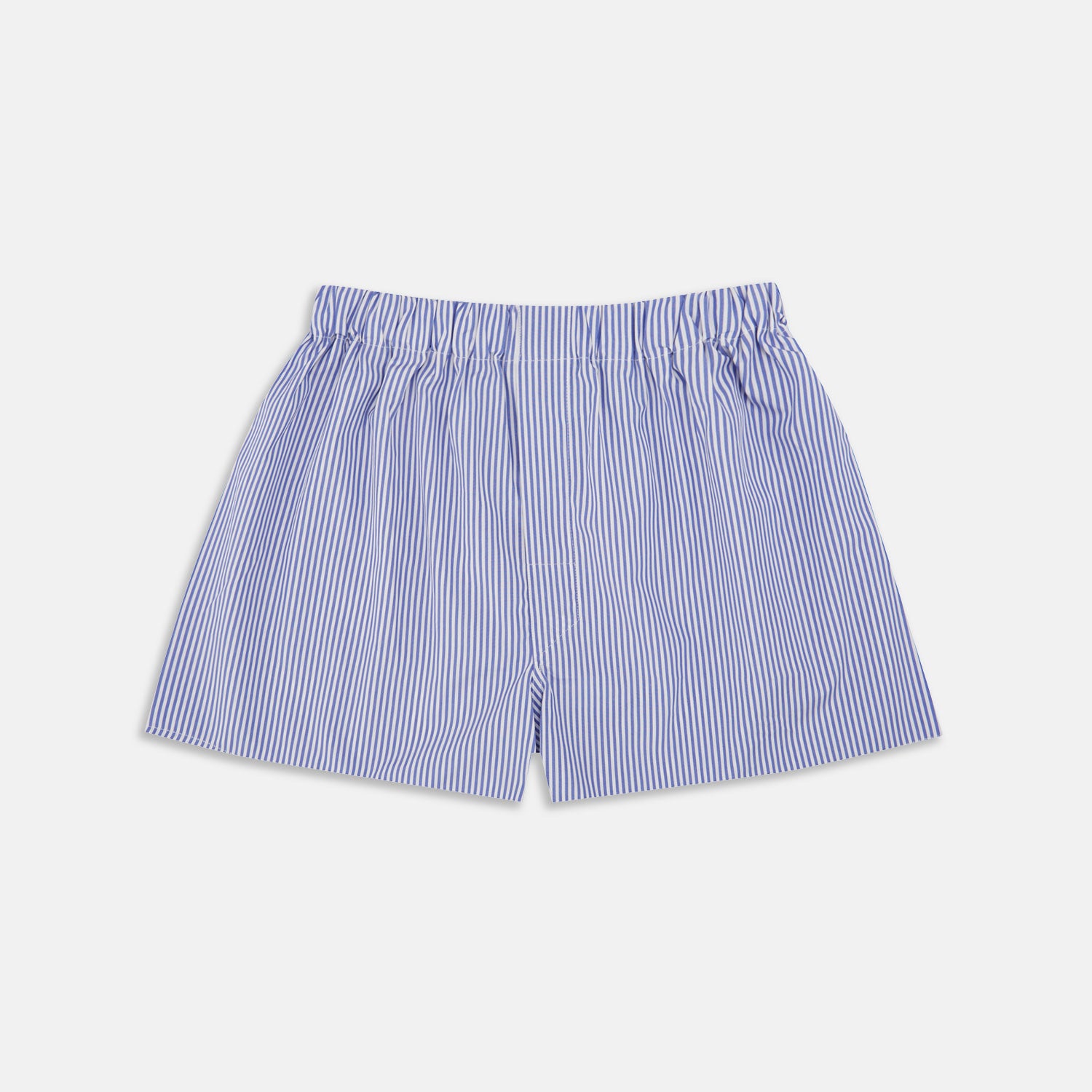 Image 1 of product Turnbull & Asser Blue Bengal Stripe Cotton Boxer Shorts, featuring white vertical stripes and an elastic waistband, shown flat on a white background.