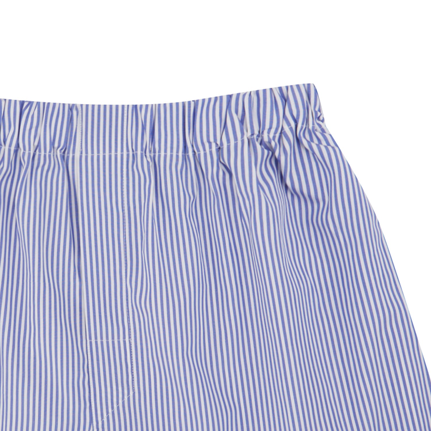 Image 2 of product Turnbull & Asser Blue Bengal Stripe Cotton Boxer Shorts, featuring white vertical stripes and an elastic waistband, shown flat on a white background.