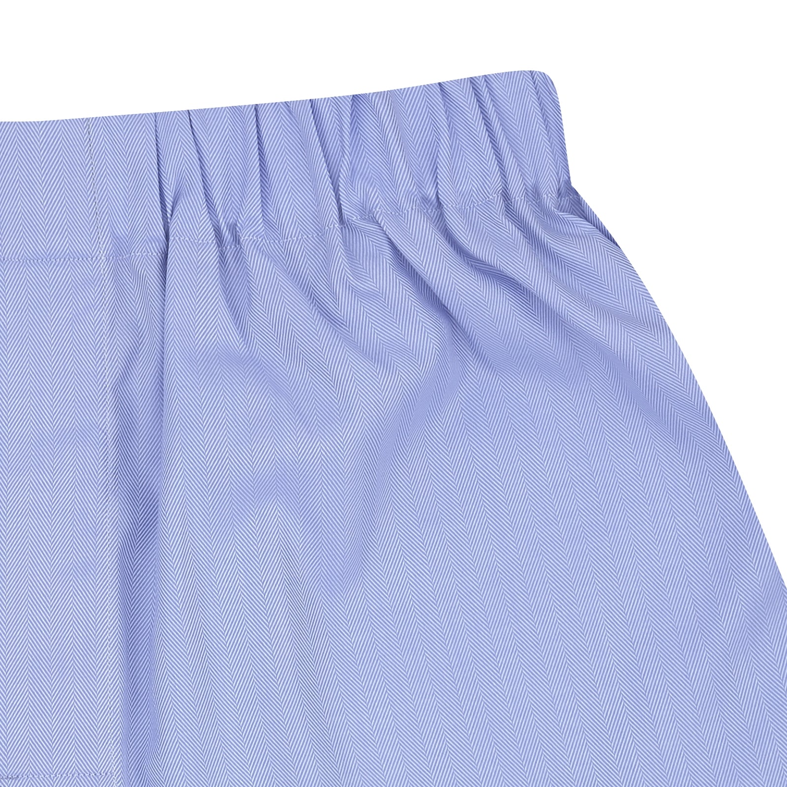 Image 2 of product Turnbull & Asser Blue Herringbone Sea Island Quality Cotton Boxer Shorts feature an elastic waistband and are displayed flat on a plain white background.