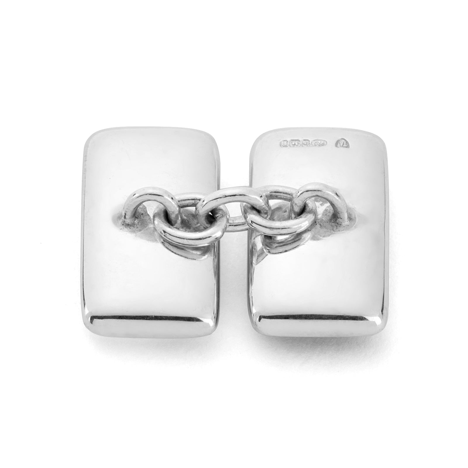 Image 2 of product Turnbull & Asser's Reversible Monochrome Sterling Silver Rectangular Cufflinks feature black onyx on one side and white mother-of-pearl on the other, shown against a plain light gray background.