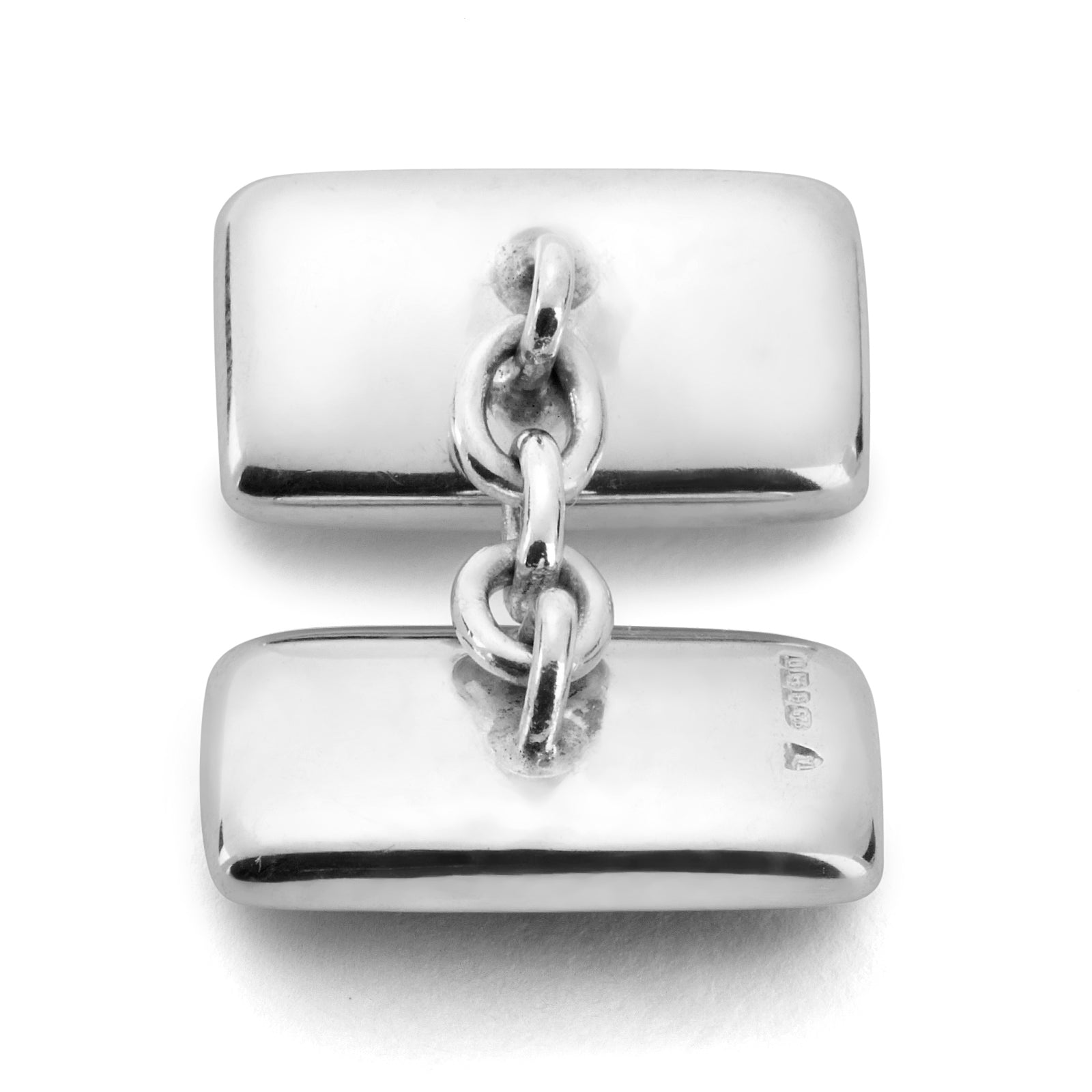 Image 3 of product Turnbull & Asser's Reversible Monochrome Sterling Silver Rectangular Cufflinks feature black onyx on one side and white mother-of-pearl on the other, shown against a plain light gray background.
