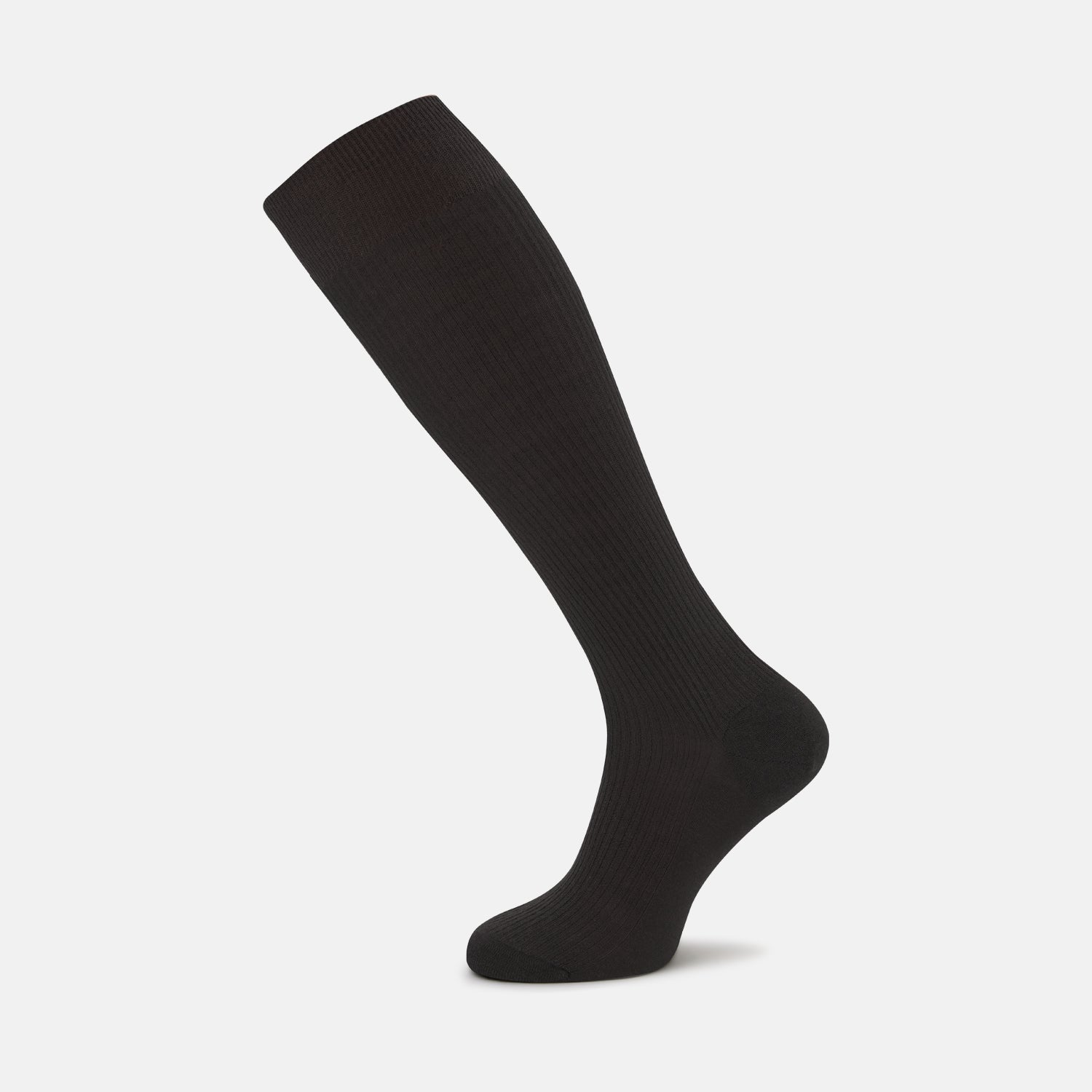 Image 1 of product The Turnbull & Asser Chocolate Brown Long Merino Wool Sock is displayed on a white background, positioned as if worn, showcasing its subtle ribbed texture—highlighting the refined elegance of luxury men's socks.