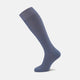A single Smoke Grey Long Merino Wool Sock by Turnbull & Asser, featuring a ribbed texture and crafted in the tradition of luxury men’s socks, is displayed upright on a plain light-gray background.