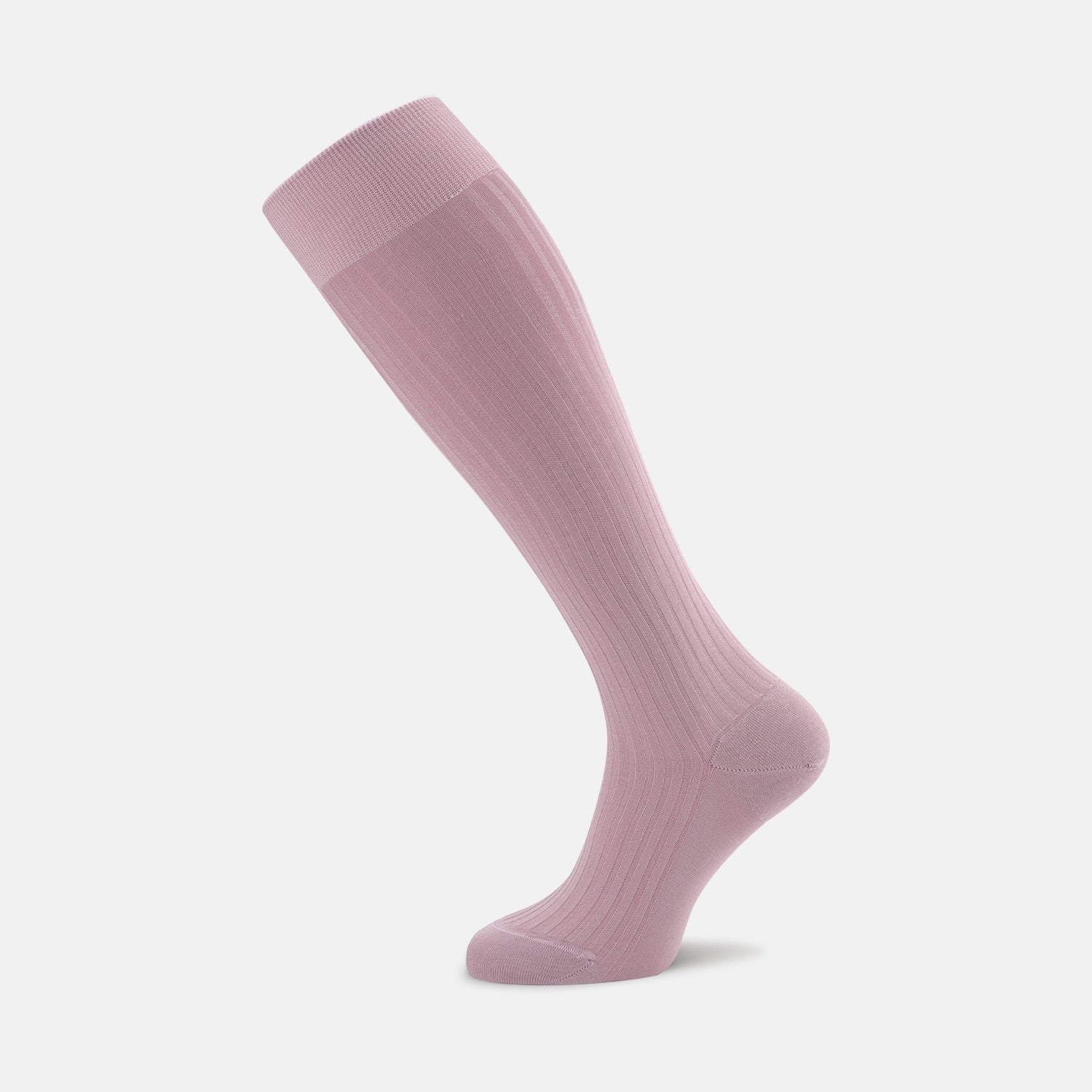 Image 1 of product The Turnbull & Asser Dusky Pink Long Cotton Sock, crafted from premium Fil d’Ecosse Egyptian cotton with a ribbed texture, is shown standing upright on a white background in a side view.