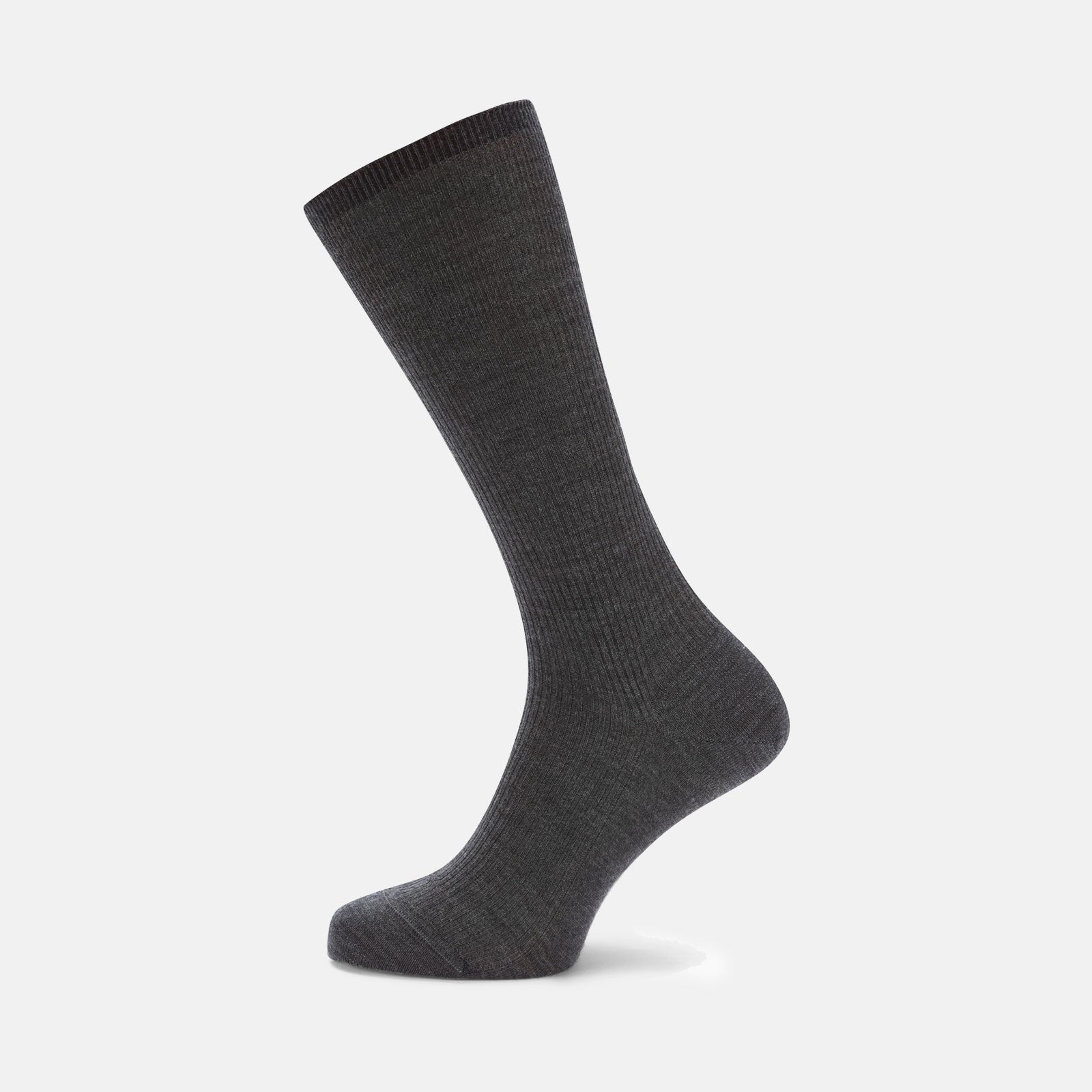 Image 1 of product The Turnbull & Asser Dark Grey Mid-Length Merino Wool Sock, ideal as a men’s dress sock, is showcased upright against a plain light gray background.