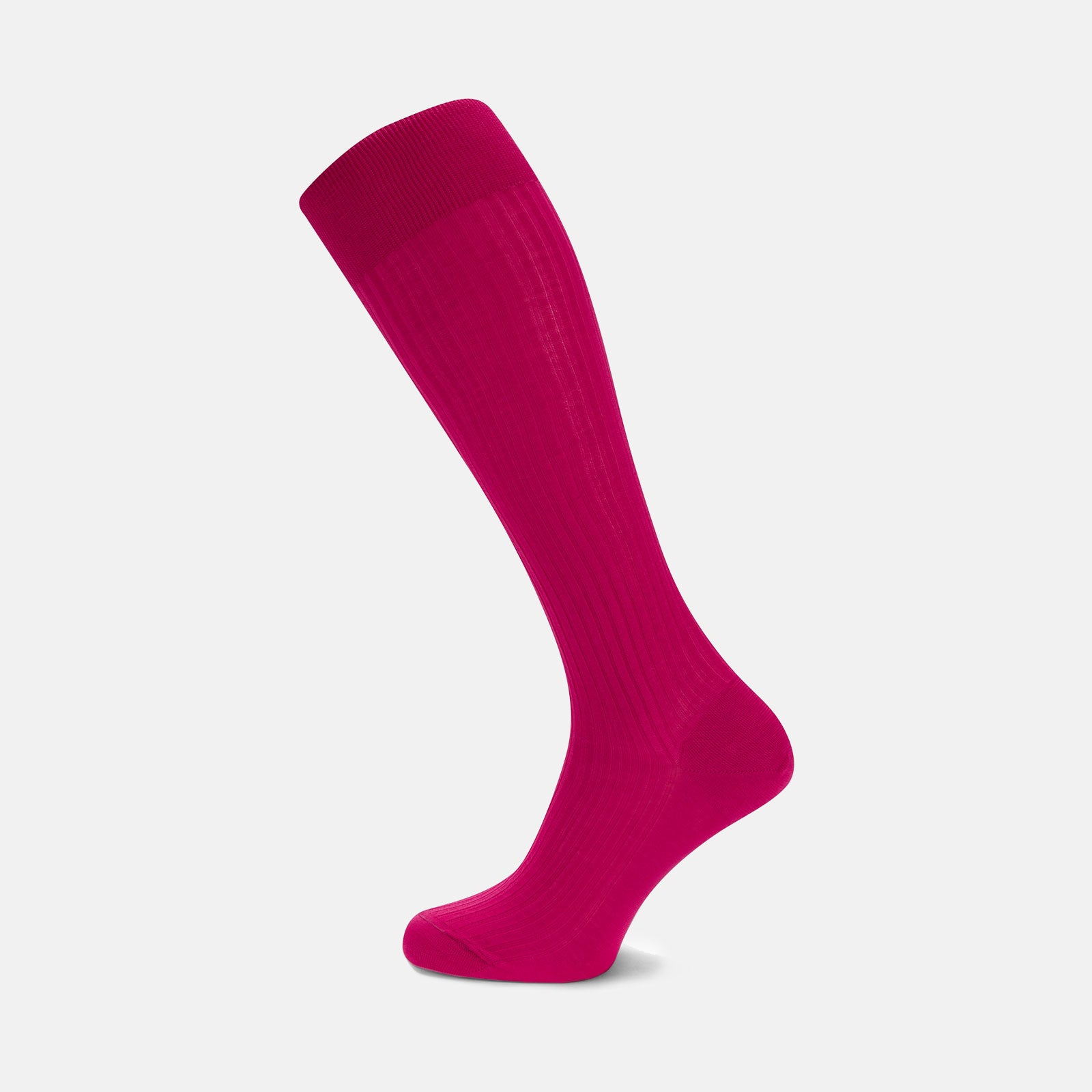 Image 1 of product A single Hot Pink Long Cotton Sock by Turnbull & Asser, crafted from premium Egyptian cotton with a ribbed texture. Displayed on a light gray background, it's angled to show the side and slightly elevated toe.