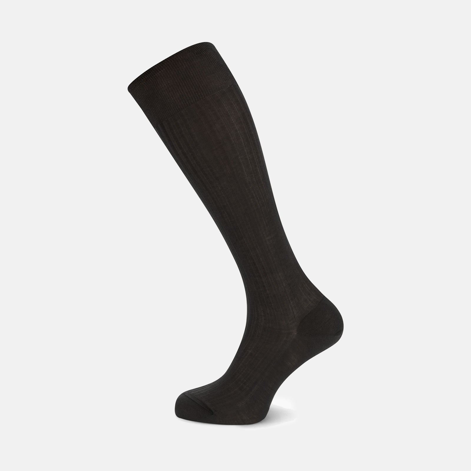 Image 1 of product A single Charcoal Long Cotton Sock by Turnbull & Asser, in black Egyptian cotton, is shown against a plain white background at an angle with the foot pointing downward and the leg extending upward.