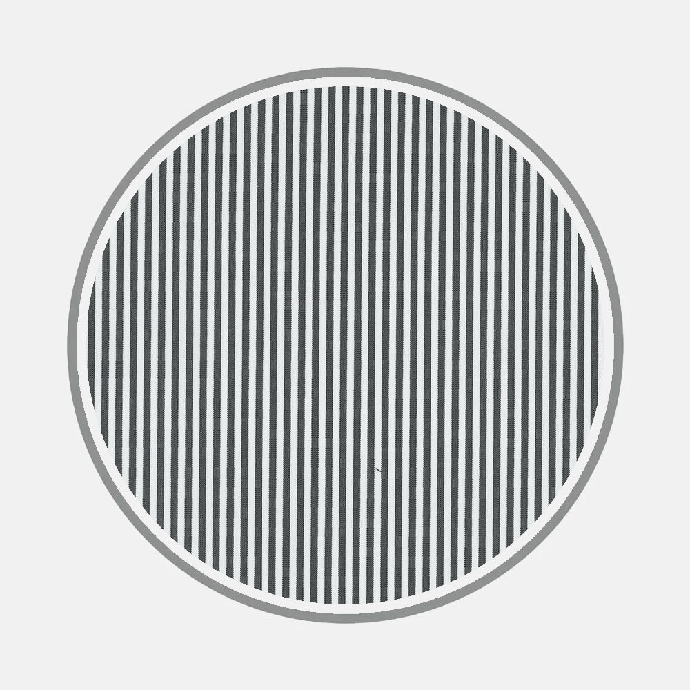 Bespoke Fabric 0002 02 by Turnbull & Asser features a gray circle with evenly spaced black vertical lines on a light gray background, creating a refined, monogram-inspired striped pattern reminiscent of bespoke shirt elegance.