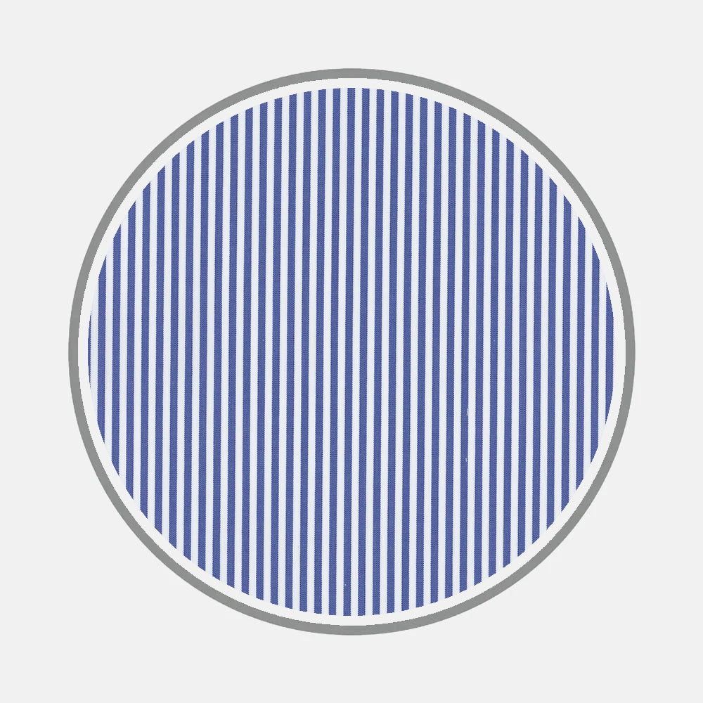 Bespoke Fabric 0002 05 by Turnbull & Asser features a circle with evenly spaced vertical blue and white stripes, outlined in gray on a light gray background—perfect for displaying monogram styles inspired by bespoke shirts.