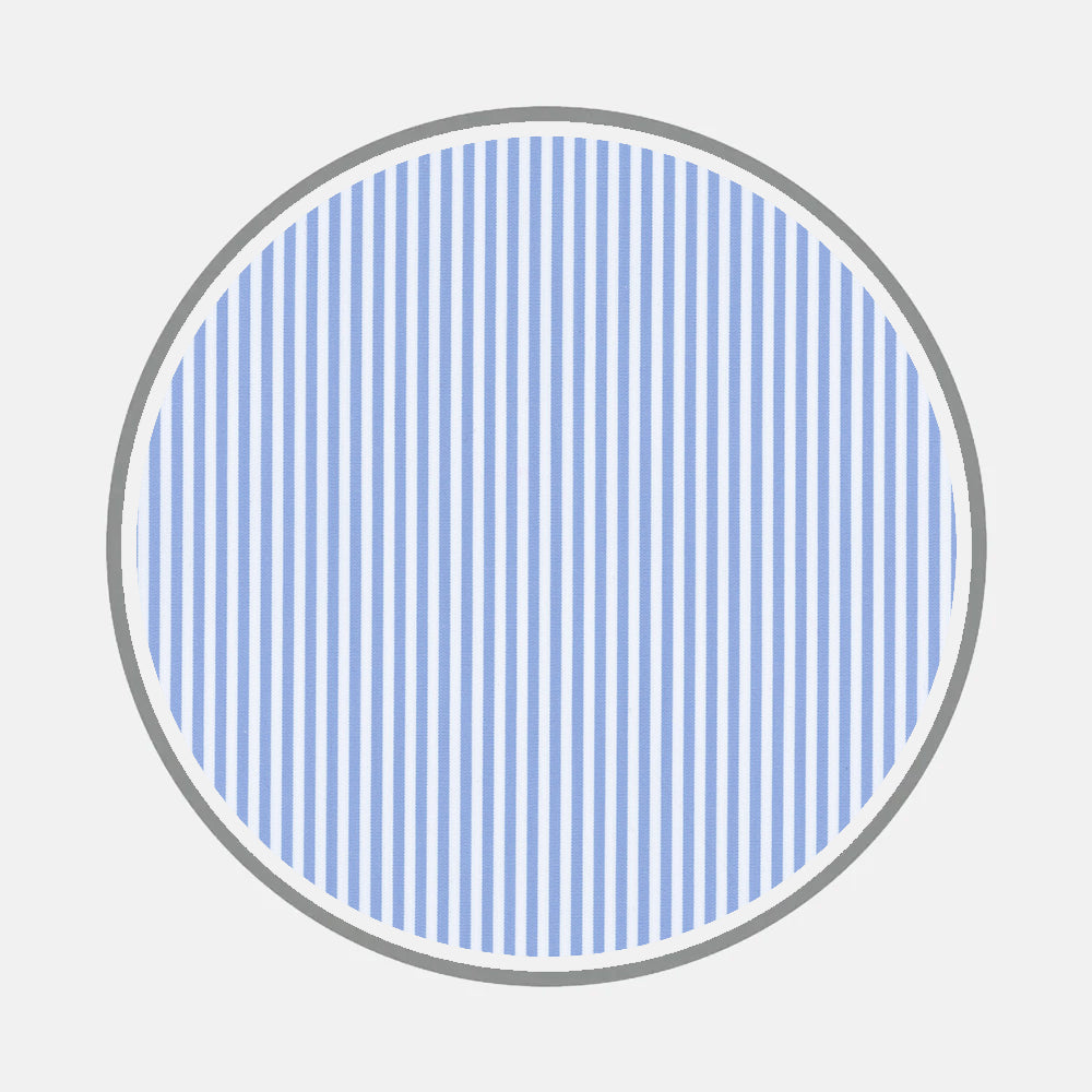 A circle with a gray outline, filled with evenly spaced vertical blue and white stripes on a light gray background, evokes the classic style of Turnbull & Asser’s Bespoke Fabric 0002 07.