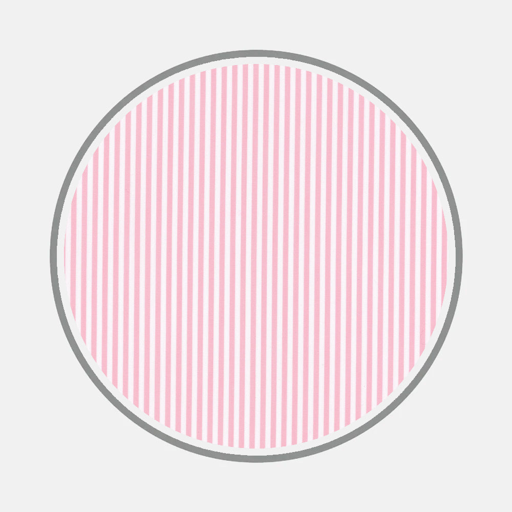 A circle with a light gray border, filled with evenly spaced vertical pink and white stripes on white, reflects the signature style of Turnbull & Asser’s Bespoke Fabric 0002 15.