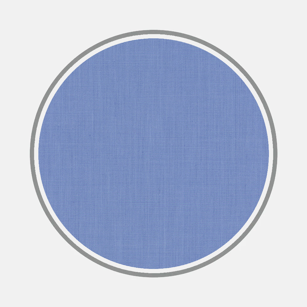 A large blue circle with a subtle texture is centered on light gray, bordered in white and gray—echoing the refined details of Turnbull & Asser’s Bespoke Fabric 0003 50.