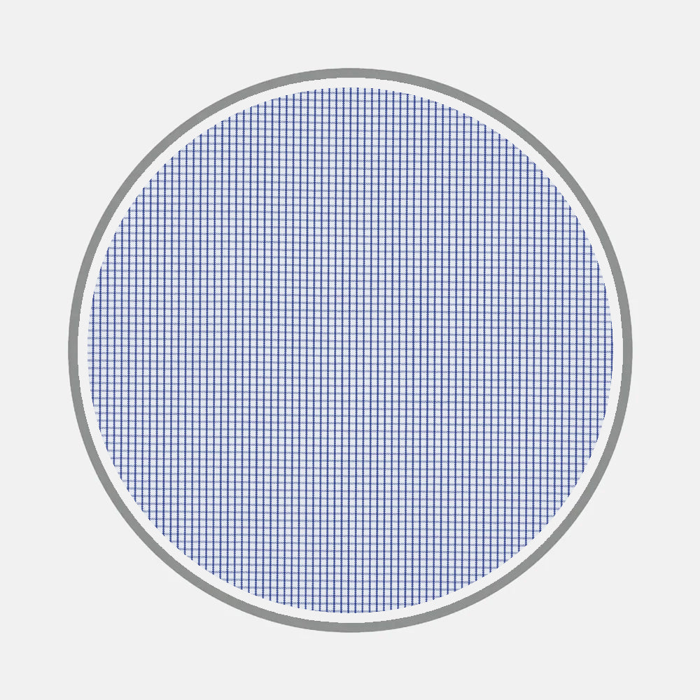Bespoke Fabric 0004 05 by Turnbull & Asser features a circular grid of evenly spaced blue lines within a thin gray border, evoking classic monogram shirt fabric styles on a plain white background.