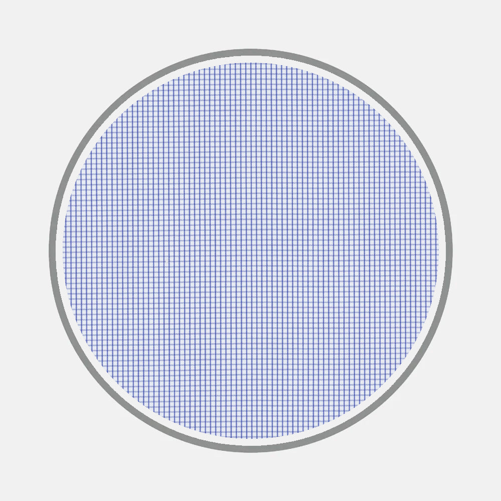 Bespoke Fabric 0004 07 by Turnbull & Asser features a circular grid of evenly spaced blue lines and a grey border, forming small square cells on white—echoing the crisp precision of bespoke shirts and classic monogram styles.