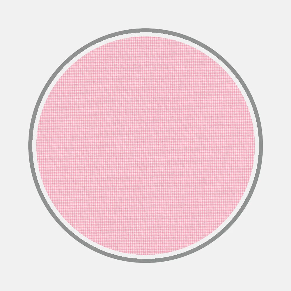 A large circle outlined in gray features Turnbull & Asser's Bespoke Fabric 0005 15, a fine pink and white gingham check, set against a light gray background.