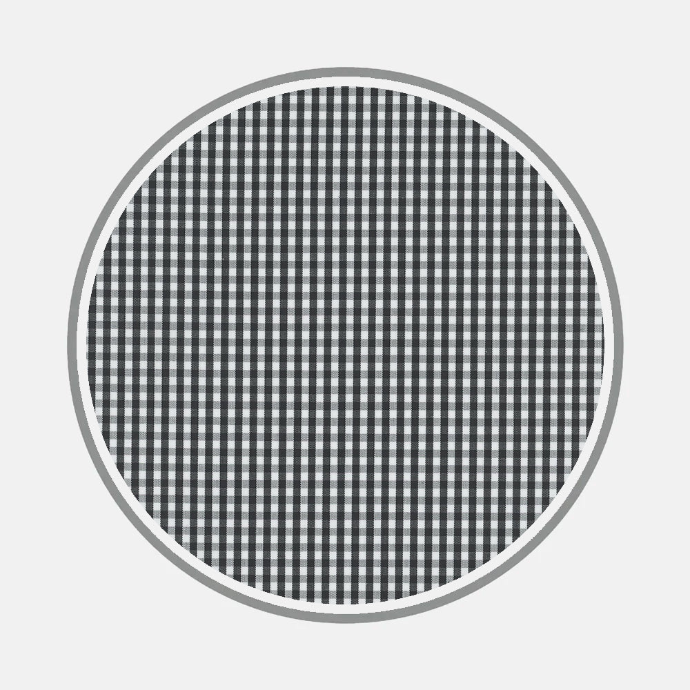 Bespoke Fabric 0006 02 by Turnbull & Asser features a circular motif with black and white gingham check, inspired by custom shirt fabric, encircled by a slim gray border on a light gray background.