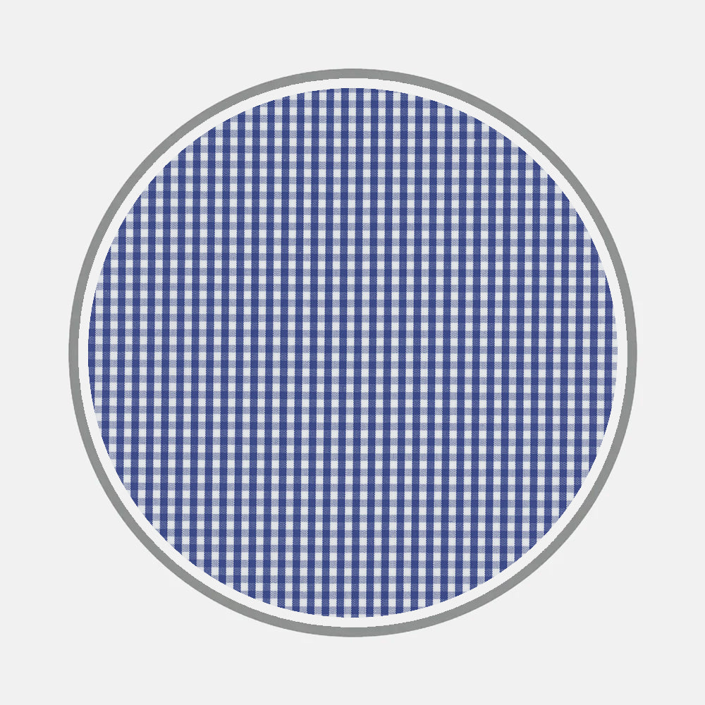 A circular blue and white gingham check pattern inspired by bespoke shirts, bordered with a thin gray outline on a light gray background. Featuring Turnbull & Asser’s Bespoke Fabric 0006 05.