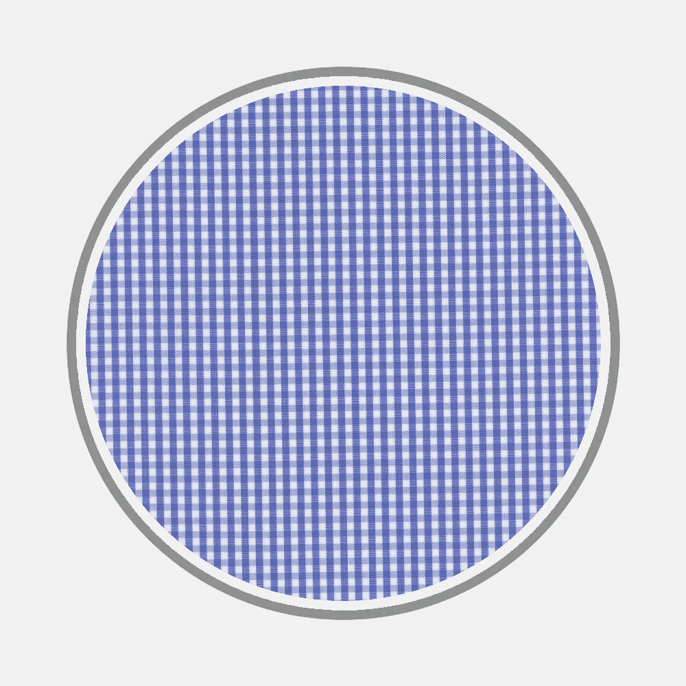 The Bespoke Fabric 0006 06 by Turnbull & Asser features a circular blue and white gingham check pattern, reminiscent of classic shirt fabrics, bordered by a thin gray ring on a light gray background.
