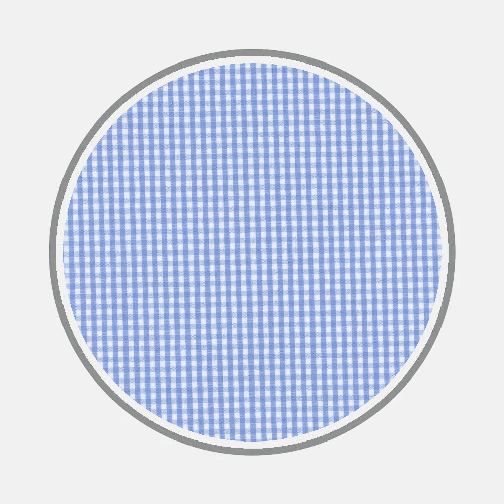 Bespoke Fabric 0006 07 by Turnbull & Asser features a circular light blue and white gingham check pattern, bordered by a thin gray ring on a plain white background, evoking the style of tailored shirts.