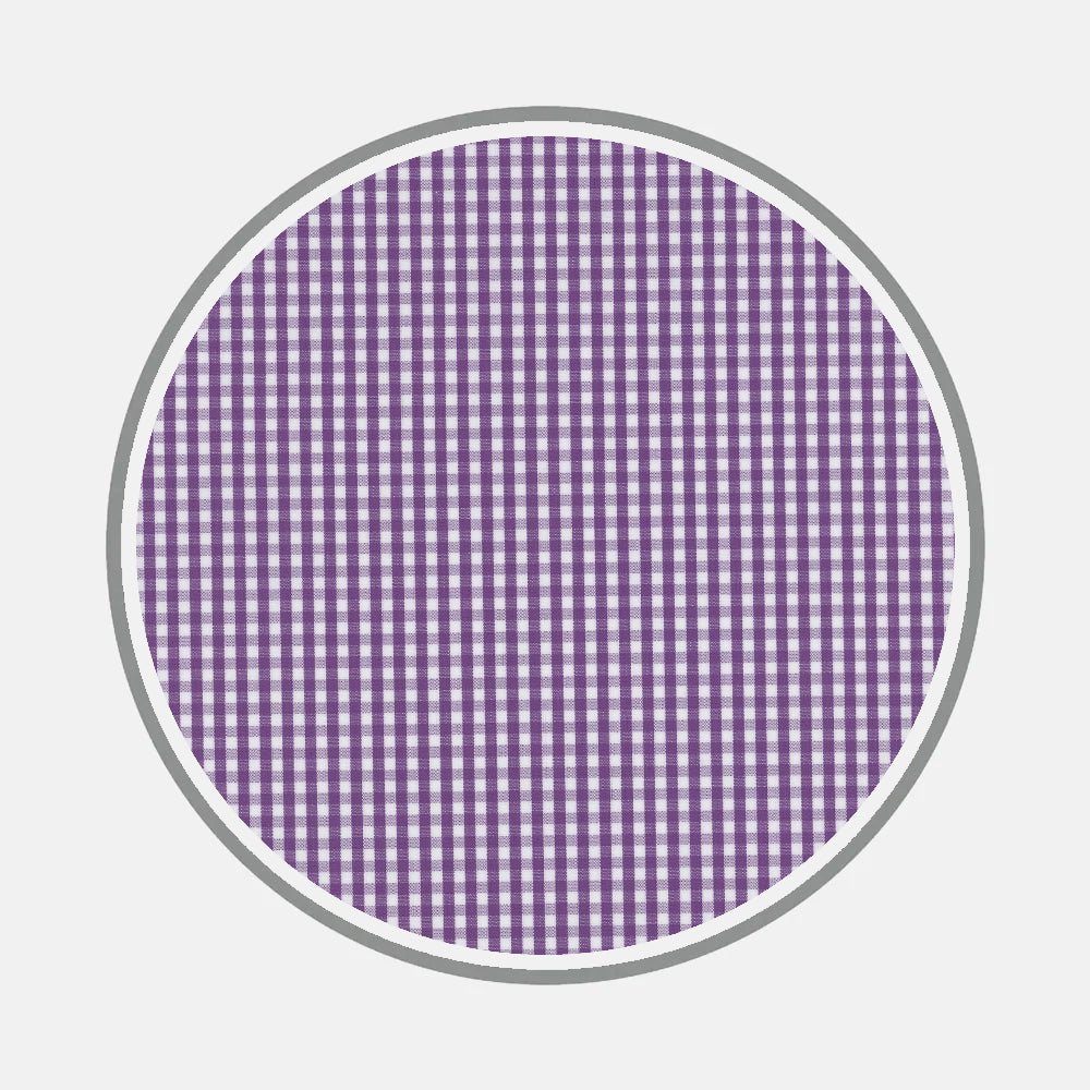 A circle filled with a purple and white gingham pattern, bordered by a thin gray outline and set against light gray, showcases Turnbull & Asser's Bespoke Fabric 0006 17—evoking classic shirt design.
