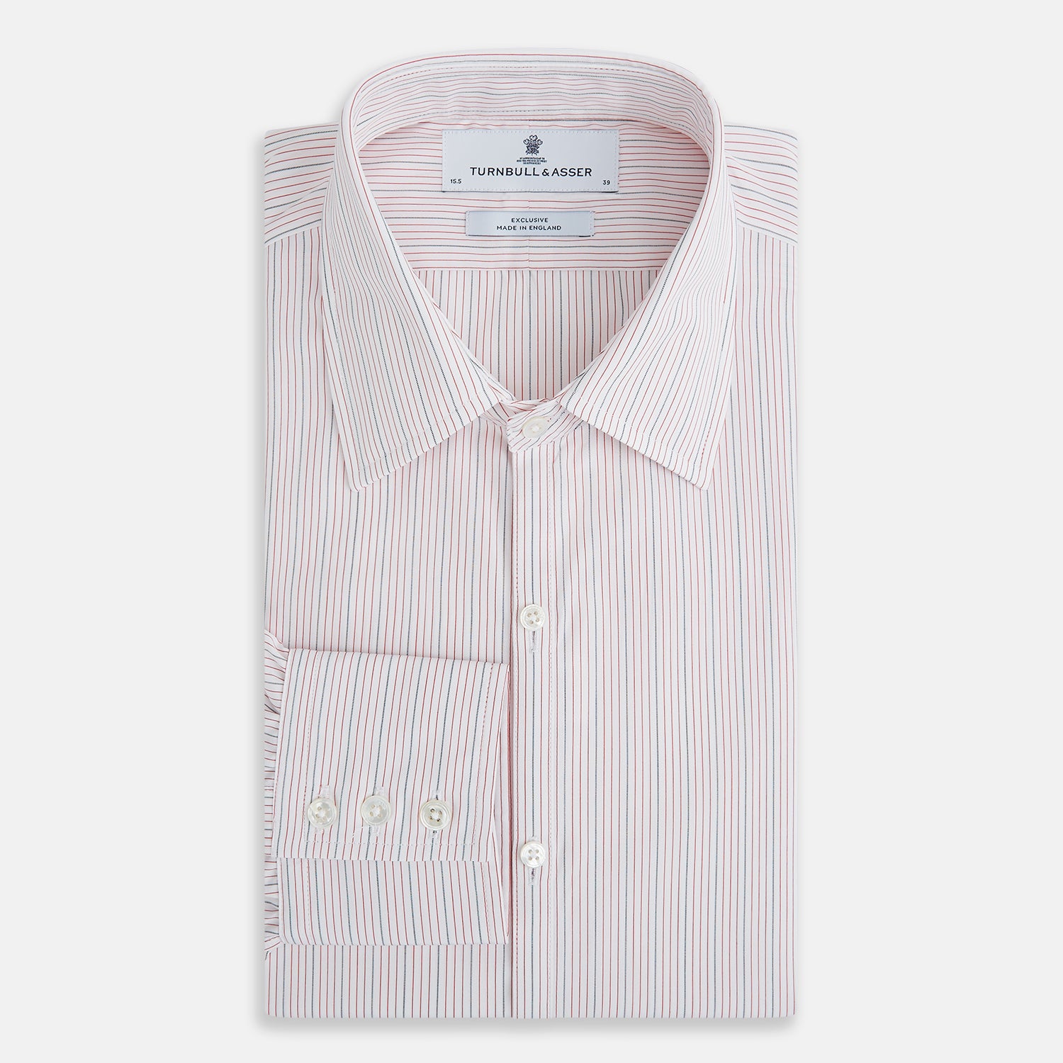 View 5 of product The Red Hairline Stripe Westminster Shirt by Turnbull & Asser features a pointed collar and thin vertical stripes in a light hue, displayed flat against a white background—a fine example of British craftsmanship.