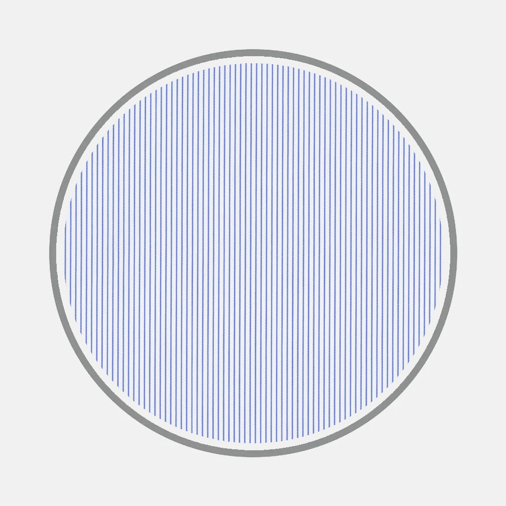 A thick gray-outlined circle showcases thin, evenly spaced vertical blue lines on white, evoking classic bespoke shirt patterns. Bespoke Fabric 0011 07 by Turnbull & Asser.