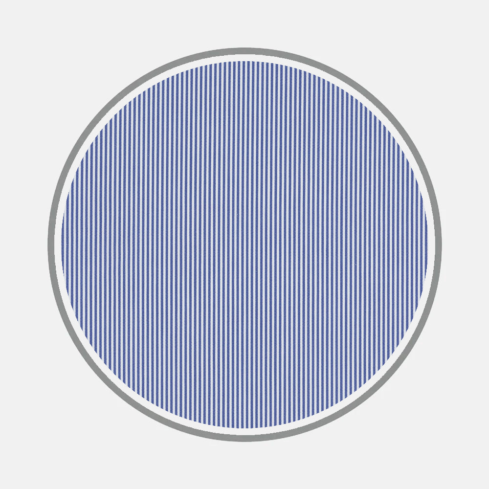 A circular design with thin, evenly spaced vertical blue lines inside a gray border on a light gray background. This Turnbull & Asser Bespoke Fabric 0013 05 pattern evokes monogram styles, ideal for custom shirt branding.