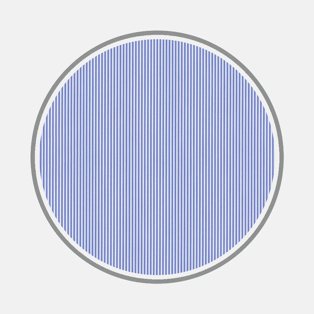 Bespoke Fabric 0013 07 by Turnbull & Asser features vertical blue lines on a white background, set within a large gray-outlined circle, reminiscent of classic shirt patterns against a light gray backdrop.