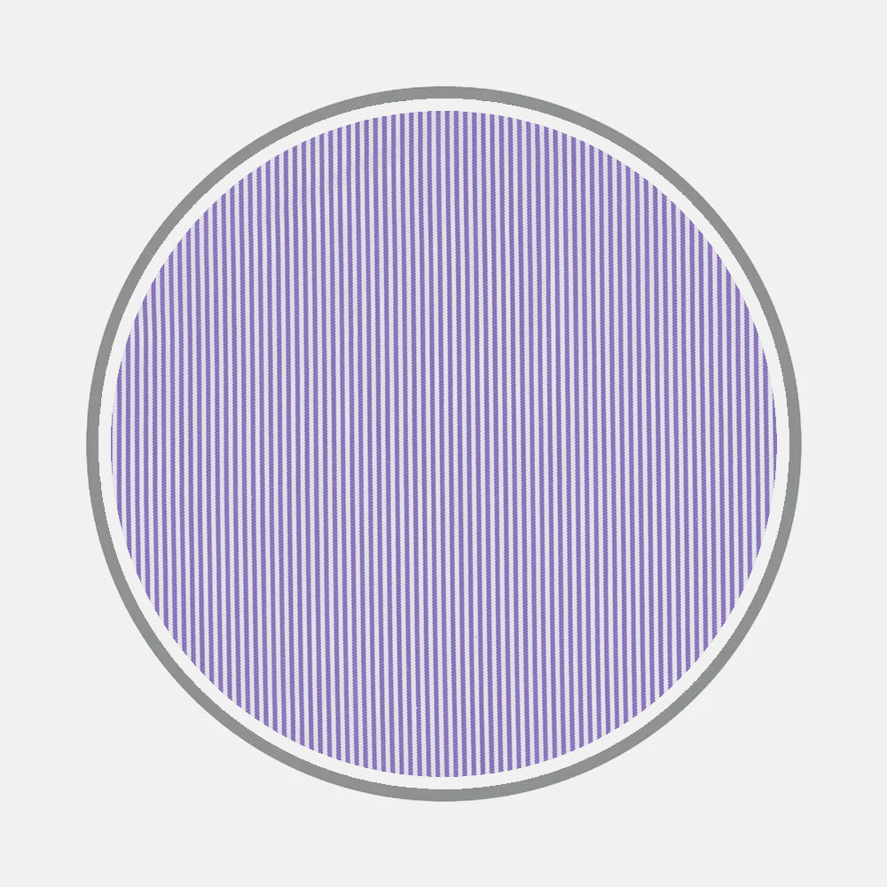 A circle with a gray border is filled with evenly spaced vertical purple lines on a light gray background, echoing the refined elegance of Turnbull & Asser's Bespoke Fabric 0013 38.