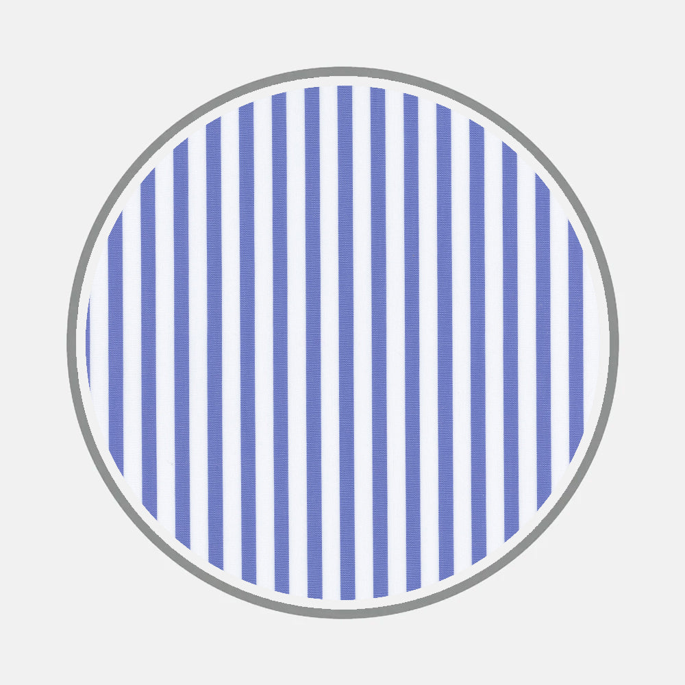 Bespoke Fabric 0014 07 by Turnbull & Asser features a round design with vertical blue and white stripes, bordered by a gray circle on a light gray background.