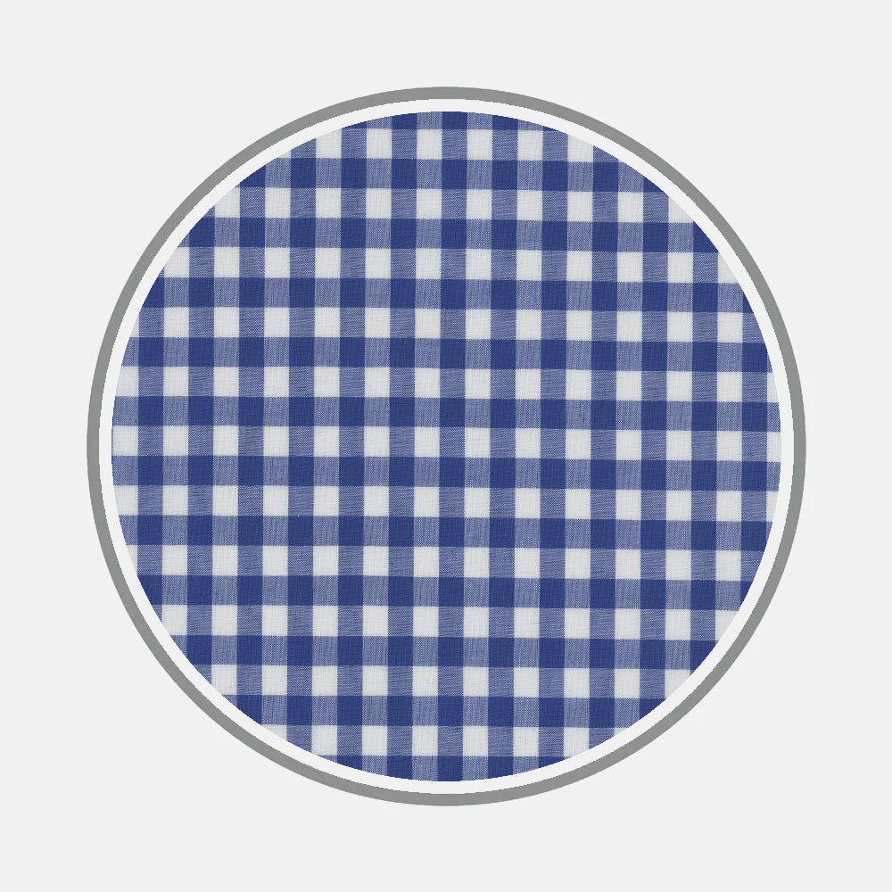 Bespoke Fabric 0037 05 by Turnbull & Asser features a blue and white gingham check on a circular swatch with a thin gray border, perfect for custom shirts with your preferred monogram style.