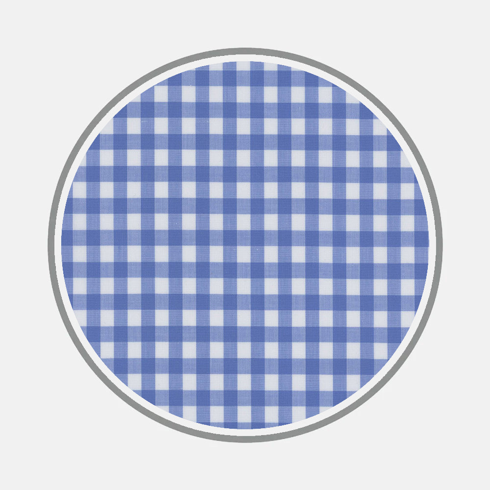Bespoke Fabric 0037 06 by Turnbull & Asser features a round surface with a blue and white checkered gingham pattern, finished with a thin gray border that evokes the classic charm of traditional shirt fabrics.
