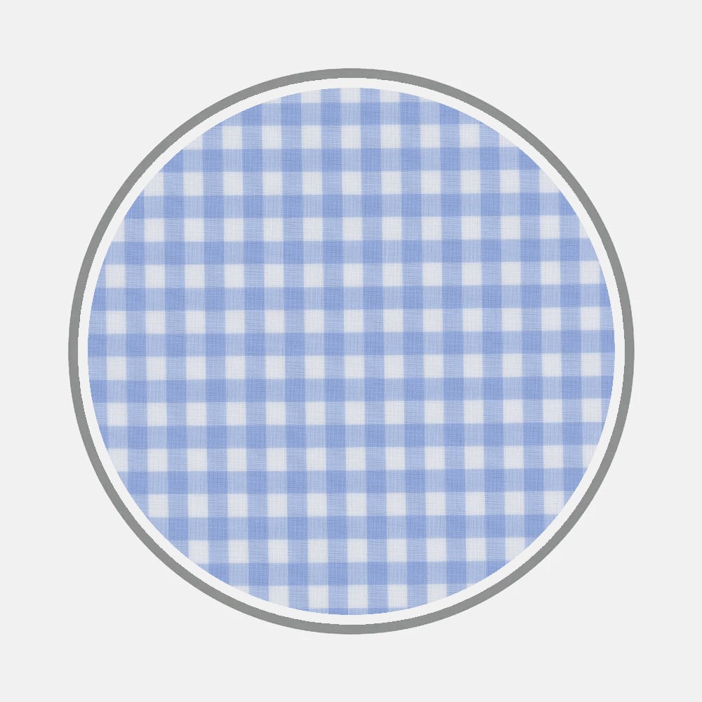 Bespoke Fabric 0037 07 by Turnbull & Asser features a circular light blue and white gingham check design, inspired by custom shirts, with a thin gray border on a plain white background.