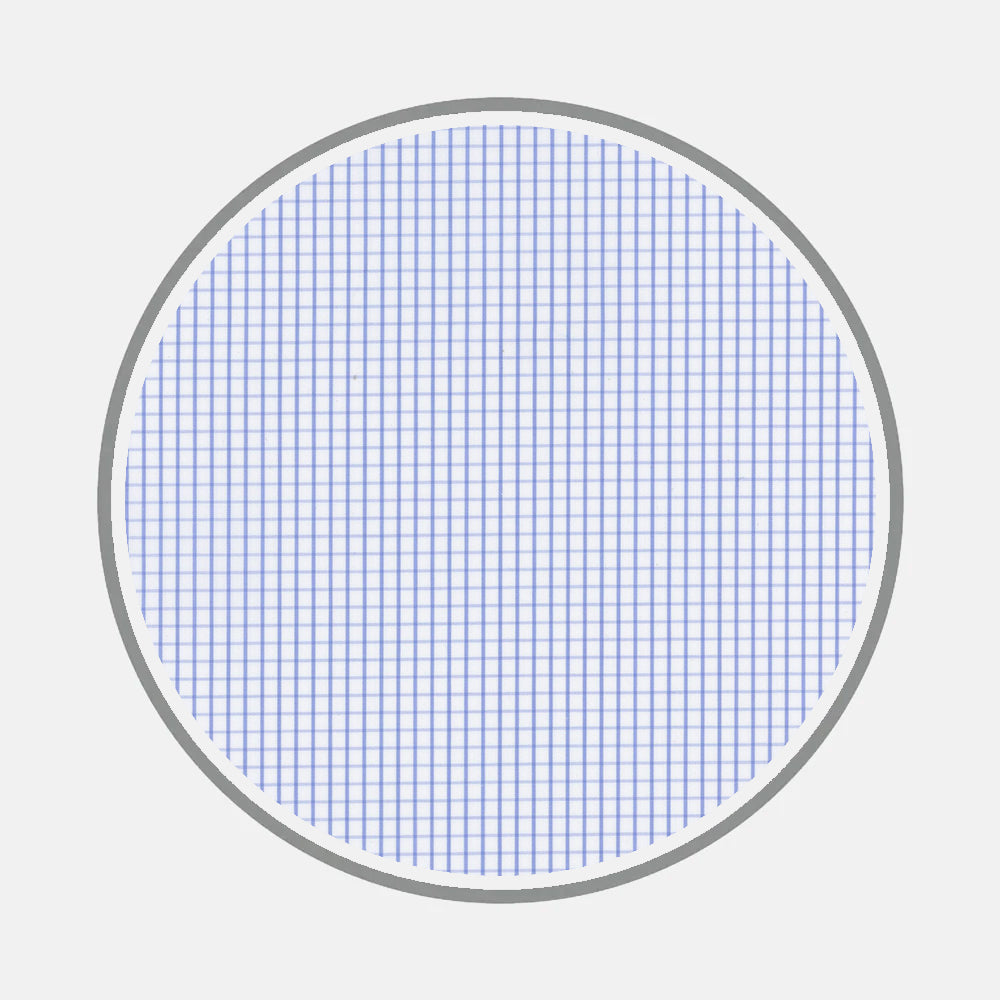 Bespoke Fabric 0043 06 by Turnbull & Asser features a circular grid of evenly spaced blue lines forming small squares, set within a grey border on a light grey background—reminiscent of classic shirt monogram styles.