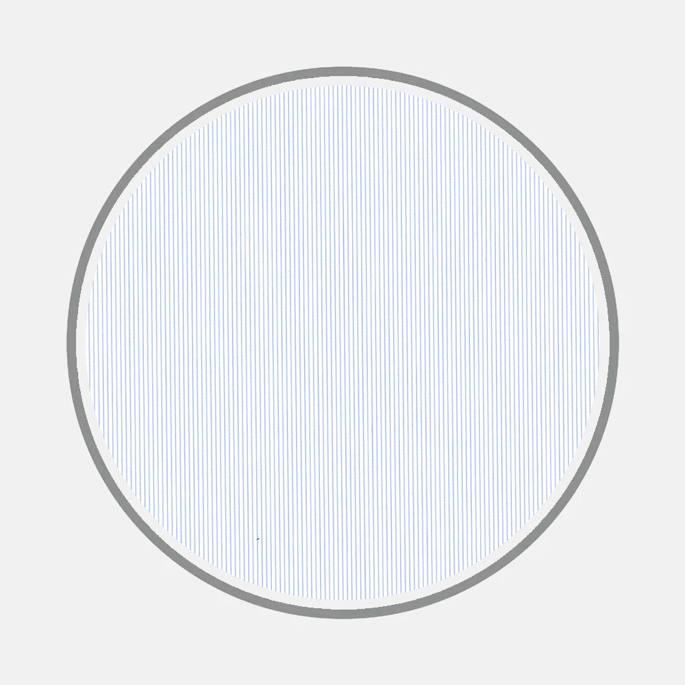 Bespoke Fabric 0062 06 by Turnbull & Asser features a large, light gray circle with a dark gray outline, filled with thin vertical blue lines, evoking fine shirt patterns, all set against a crisp white background.