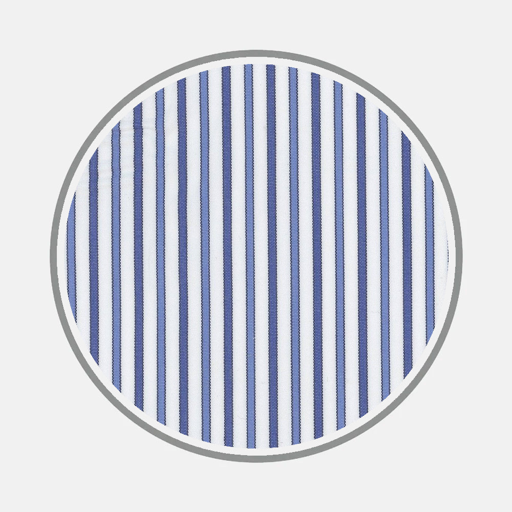 A circular swatch of Bespoke Fabric 0070 33 by Turnbull & Asser features vertical navy blue and white stripes with a gray border, highlighting its classic pattern for shirts, set against a plain white background.