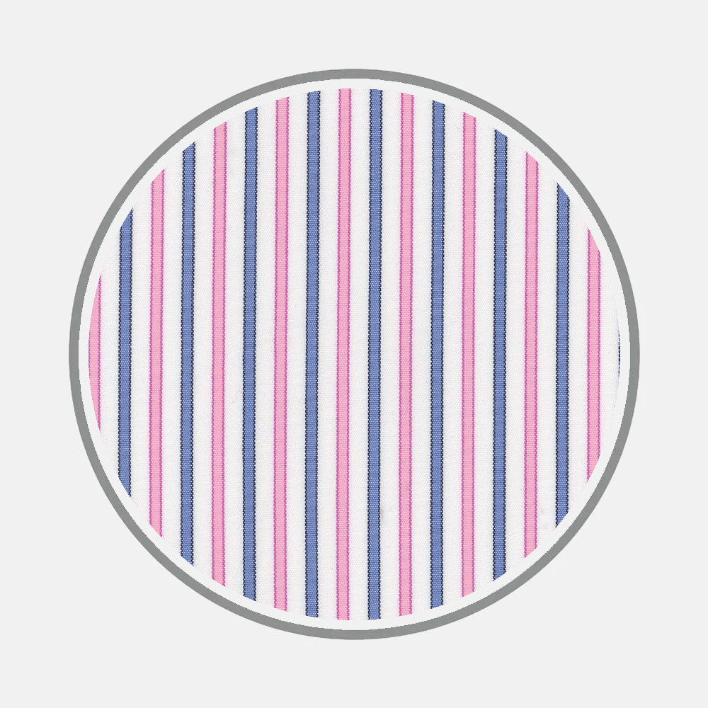 A round image featuring vertical pink, purple, and blue stripes on white with a gray border—ideal for highlighting Turnbull & Asser’s Bespoke Fabric 0070 37, perfect for unique collars and cuffs.