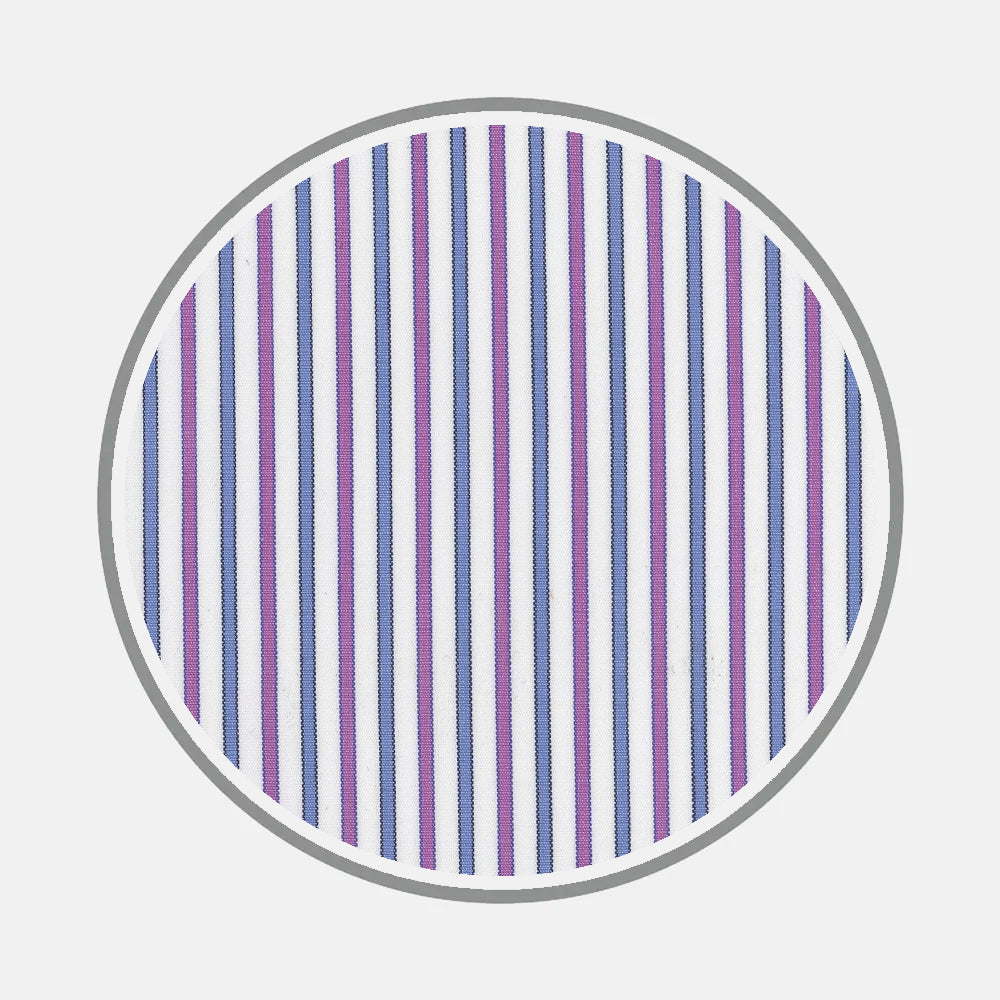 A circular swatch with vertical purple and blue stripes on white, outlined in gray—ideal for selecting Turnbull & Asser Bespoke Fabric 0070 38 for your next custom shirt or exploring unique monogram styles.
