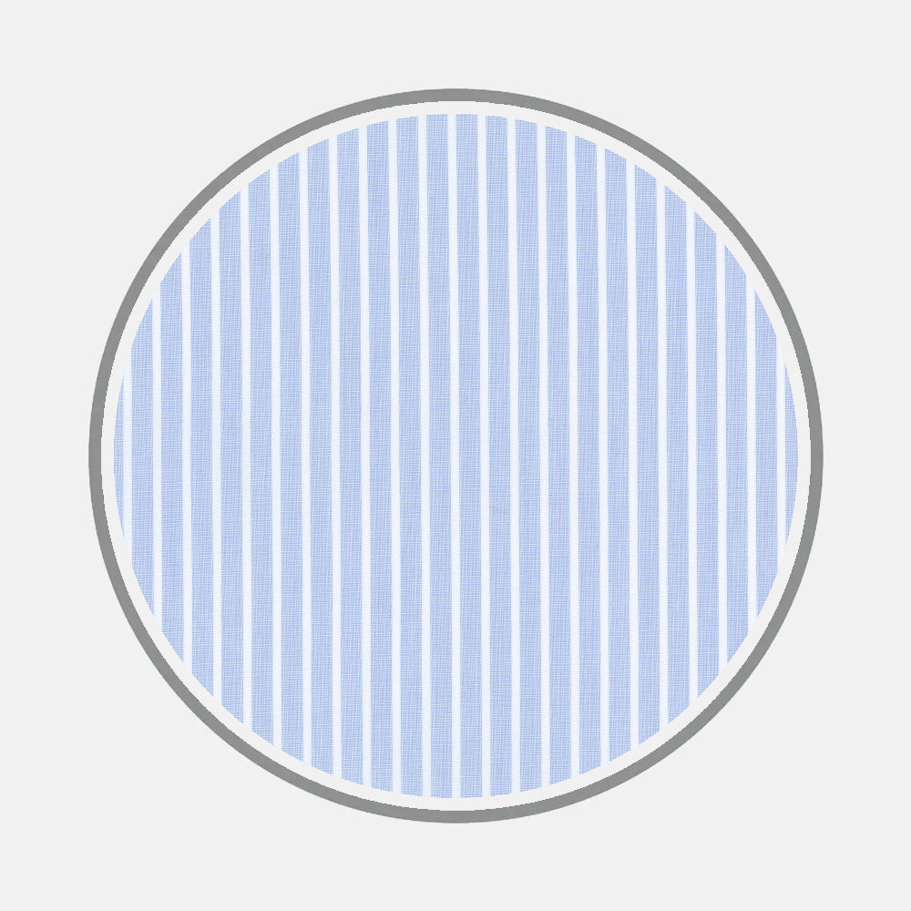 Bespoke Fabric 0075 07 by Turnbull & Asser features a circular pattern with a gray border and vertical light blue and white stripes, reminiscent of bespoke shirts, on a light gray background.