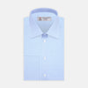 View 1 of product The Turnbull & Asser Light Blue Herringbone Superfine Cotton Shirt features a T&A collar and 3-button cuffs, elegantly displayed against a plain white background.