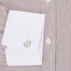 View 4 of product A Turnbull & Asser Burgundy Hairline Stripe Shirt with a contrast white collar and double cuffs, showcasing a tailored fit and button-down front, displayed against a plain white background.